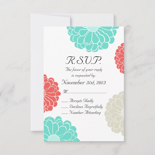 Turquoise Coral Zinnia Flower Weding RSVP (Frente)