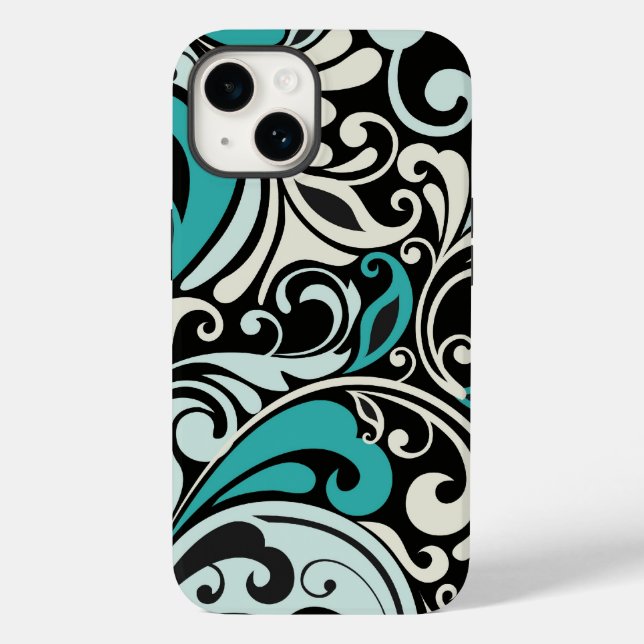 Turquoise Floral Swirls iPhone 14 Caso (Verso)