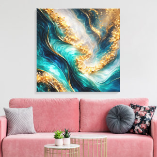 Turquoise & Gold Marble Swirls Canvas Print