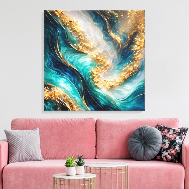 Turquoise & Gold Marble Swirls Canvas Print (Insitu(Sala de estar))