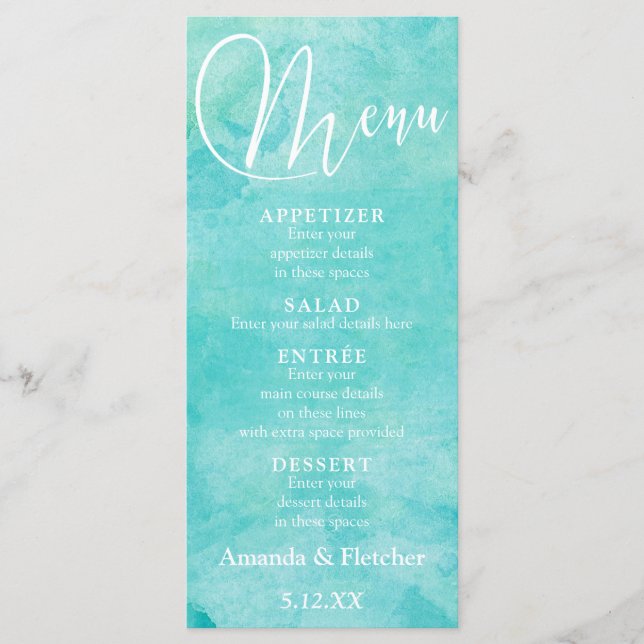 Turquoise Watercolor Typografia Casamento Menu 2 (Frente)