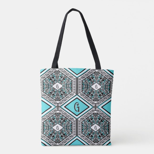 Turquoise, White & Black Tribal Tapestry Tote (Verso)