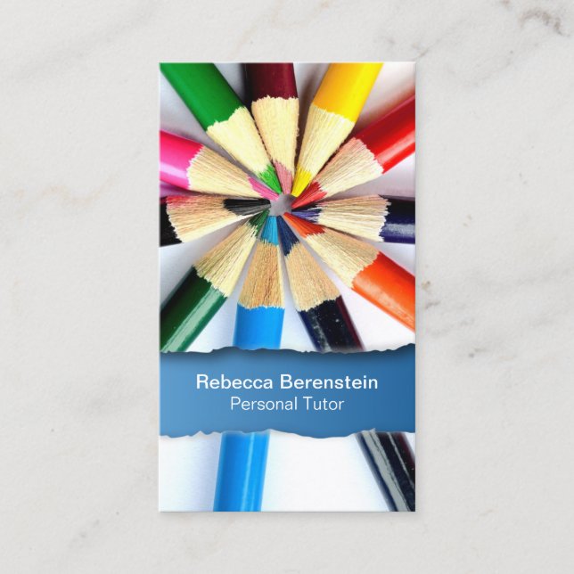 Tutor do lápis de cores com Cartão de visita azul  (Frente)