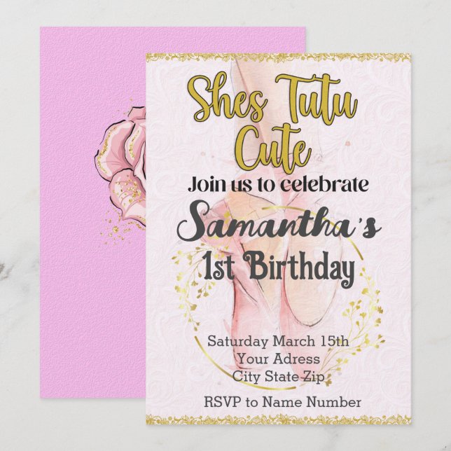 Tutu Ballerina Primeiro Convite de Aniversário (Frente/Verso)