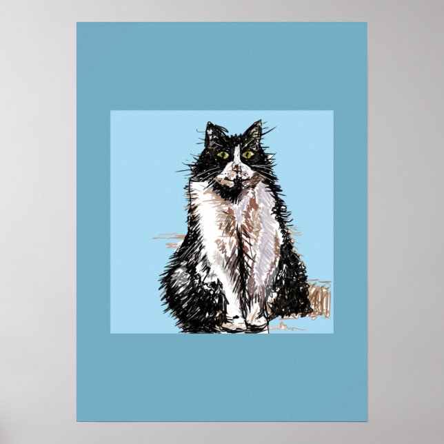 Tuxedo Cat Black White Cats Blue Poster (Frente)