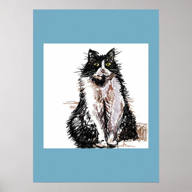 Tuxedo Cat Black White Cats Blue Poster (Frente)