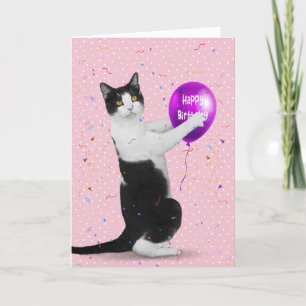 Tuxedo Cat com Cartão Balão de Aniversário