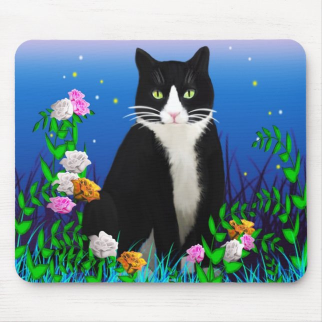 Tuxedo Cat com Flores Mousepad (Frente)