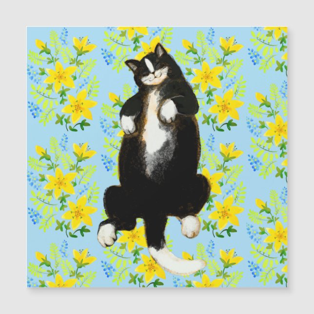 Tuxedo cat Dormindo no leito floral (Frente)