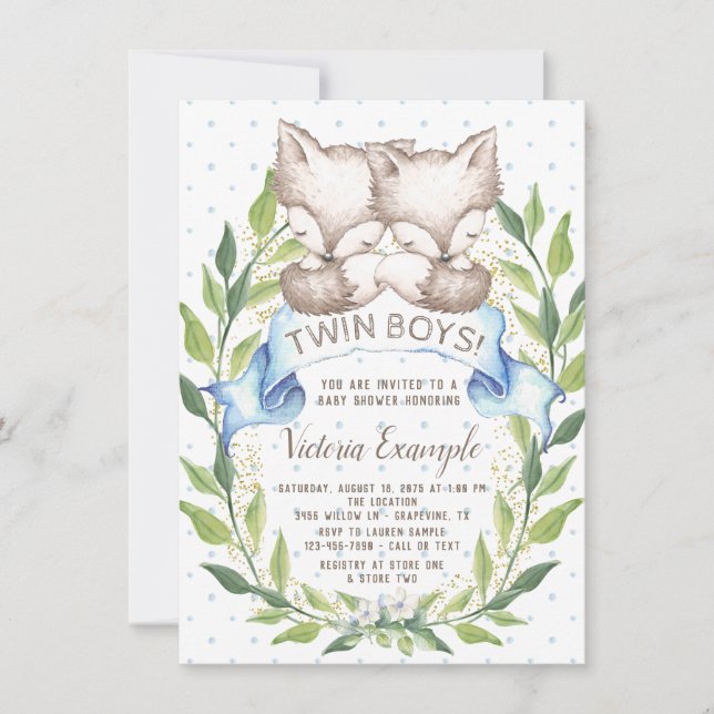 Twin Boy Woodland Fox Baby Shower Convites (Frente)