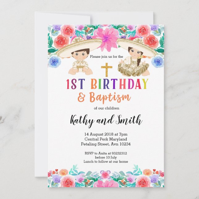 Twin Fiesta Birthday e Convite Baptism (Frente)