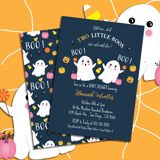 Twin Ghosts Halloween Chá de fraldas Convite Azul (Cute blue twin boys baby shower with a Halloween theme . )