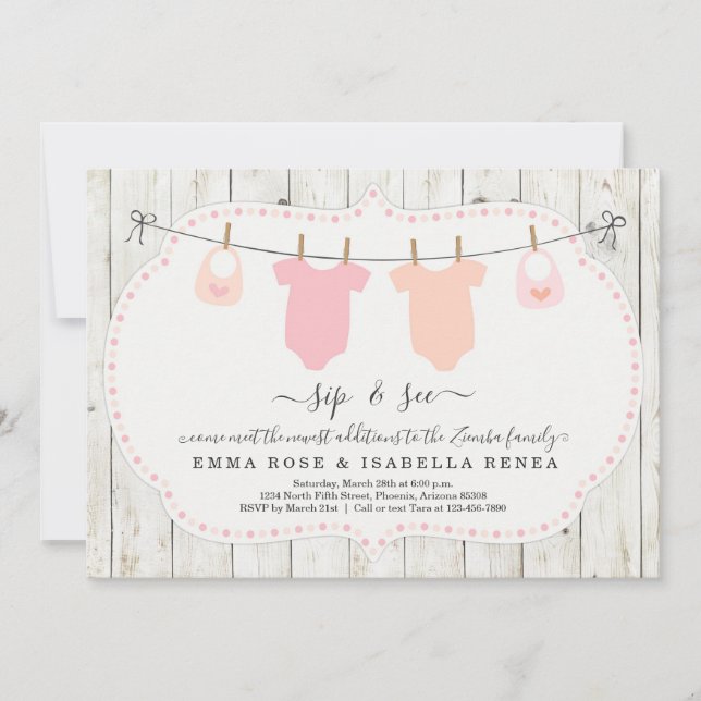 Twin Girls Personalizadas Sip e Consulte Convite (Frente)