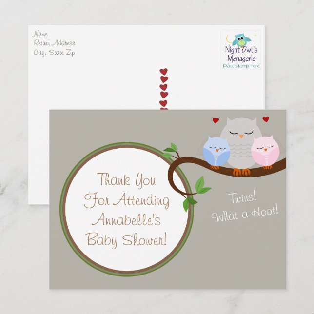 Twin Owls Boy & Girl Obrigado Cartão Postal (Frente/Verso)