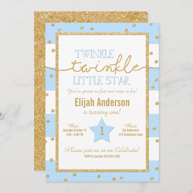 Twinkle Blue e Dourado Convite de Aniversário (Frente/Verso)