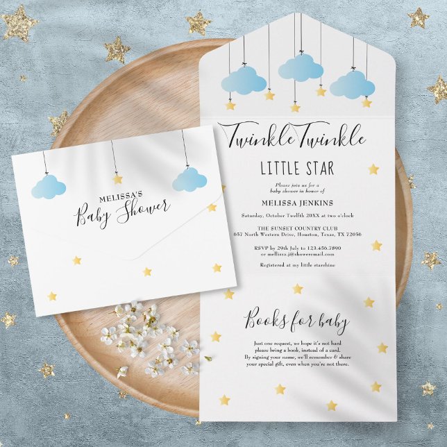 Twinkle Twinkle Nuvens Azuis Estrelas Douradas Chá (Twinkle Twinkle Blue Clouds Gold Stars Baby Shower All In One Invitation)