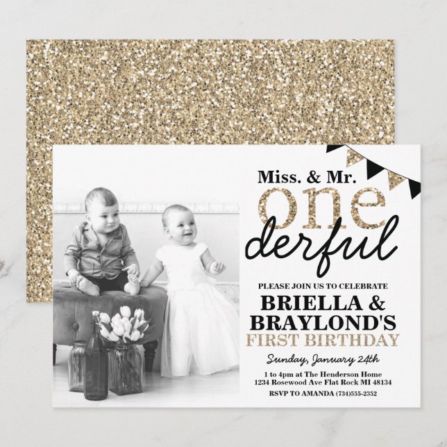 Twins Primeiro Aniversário Convite Maravilhoso (Frente/Verso)