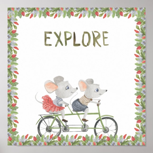 Two Cute Mice On A Bike Explore Text Poster (Frente)