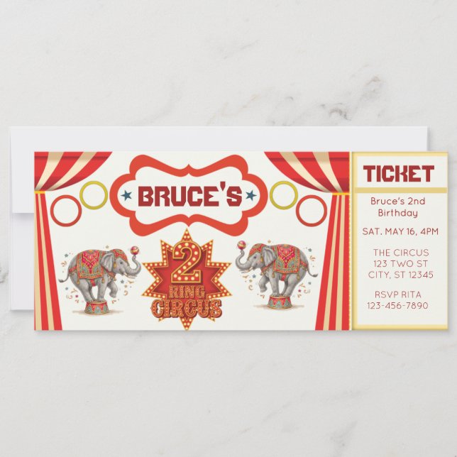 Two Ring Circus, 2nd Birthday Ticket Invitation (Frente)