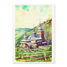 Ucraniano Wooden Church Watercolor 1964
