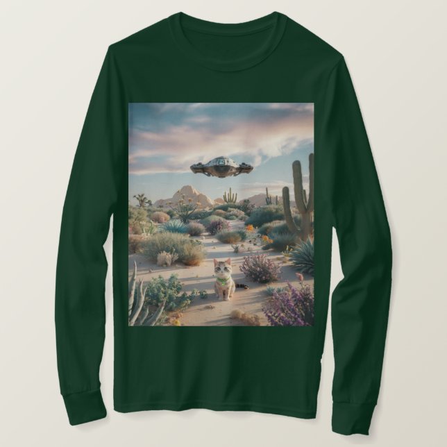 UFO Desert Cactos Flores T-Shirt (Frente do Design)