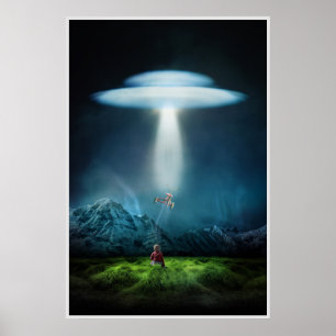 UFO e criança no campo no poster da noite