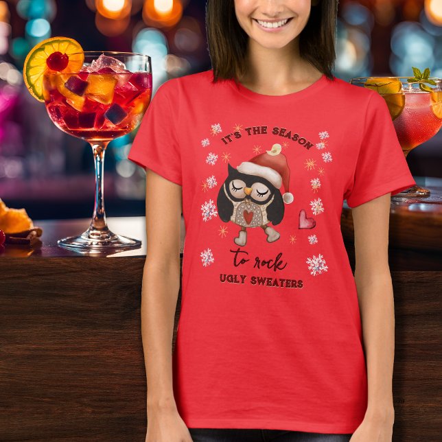 Ugly Sweater, adorável Coruja, Camiseta Vermelha (Ugly Sweater lovely Owl Red T-Shirt)