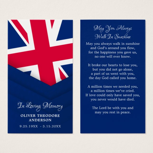 UK Flag British Memorial Funeral Prayer Card (Frente & Verso)