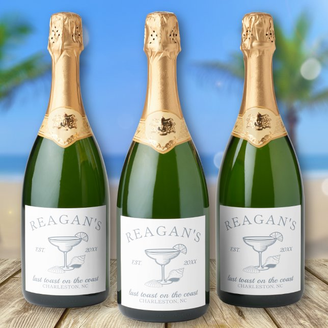 "Último brinde na costa" Festa de despedida de sol ("last toast on the coast" champagne sparkling wine label bachelorette party girls weekend beach)