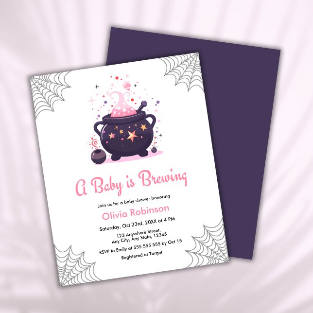 Um Bebê está criando o Chá de fraldas de Halloween (Budget Pink A Baby is Brewing Cauldron Halloween Girl Baby Shower Invitation )