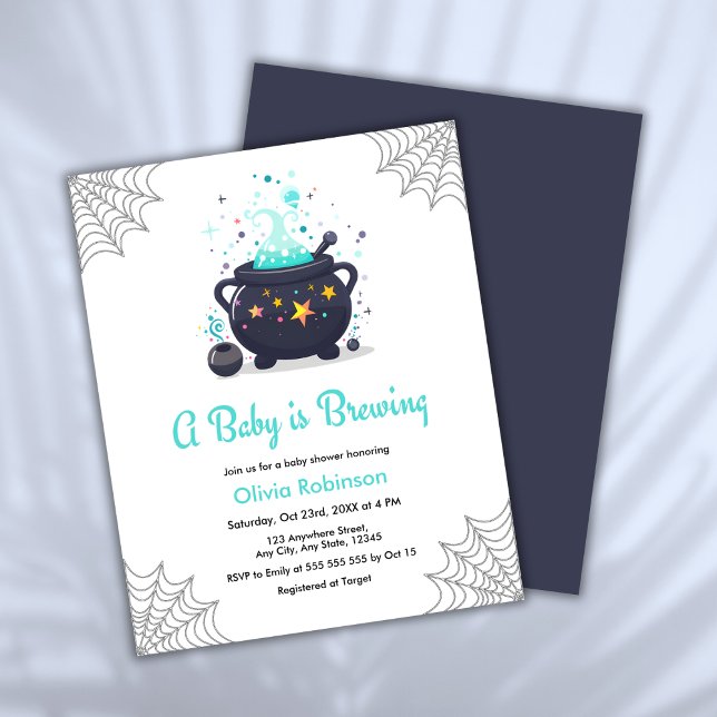 Um Bebê está criando o Chá de fraldas de Halloween (Budget Blue A Baby is Brewing Cauldron Halloween Boy Baby Shower Invitation  )
