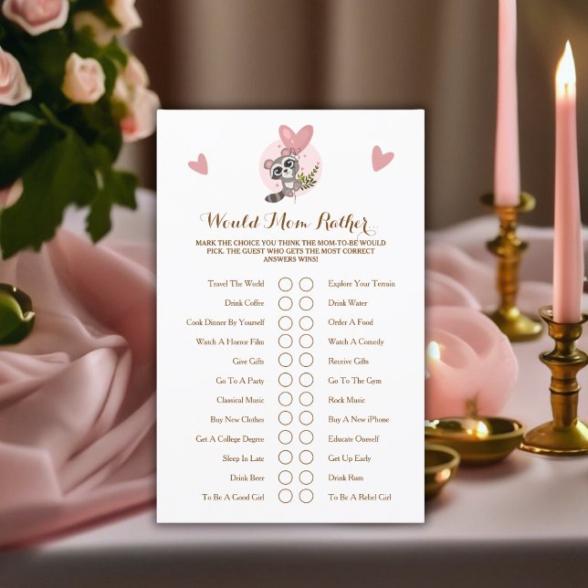 Um Belo Jogo De Chá de fraldas Raccoon Faria Prefe (Cute Raccoon Baby Shower Game Would Mom Rather..)