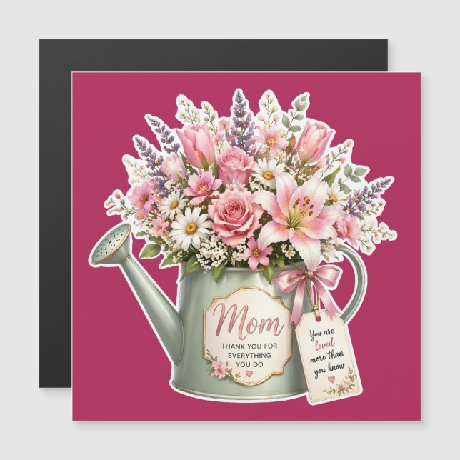 Um buquê de flores em um regador para a mamãe (Frente/Verso)