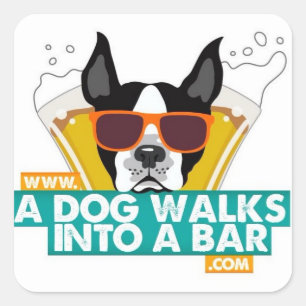 Um cão anda em uma etiqueta do quadrado do bar