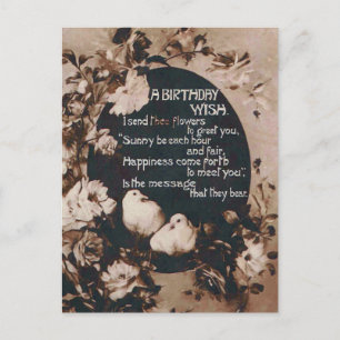 Um cartão postal antigo de aniversário com pombas
