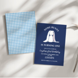 Um coelho é um primeiro convite de aniversário azu