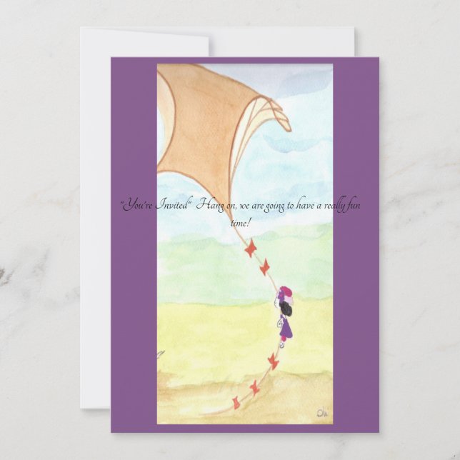 Um convite com uma garota voando com sua pipa. (Frente)