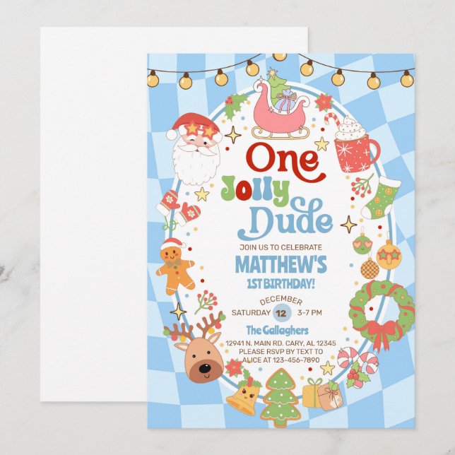 Um convite de aniversário de Natal para um menino  (Frente/Verso)