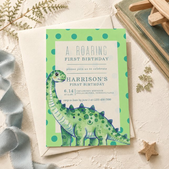 Um Convite de Aniversário de Um Ano do Dinossauro  (A Roaring First Birthday Dinosaur Invitation)