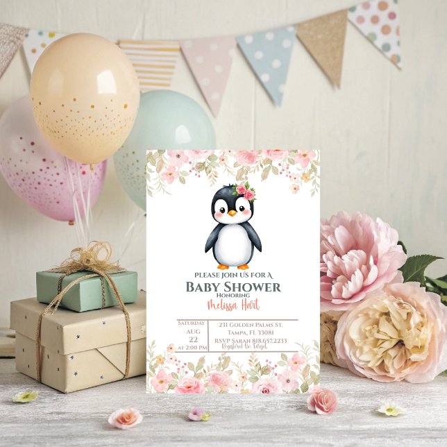 Um convite de churrasco de bebê pinguim (Baby Penguin Baby Shower Invitation.)