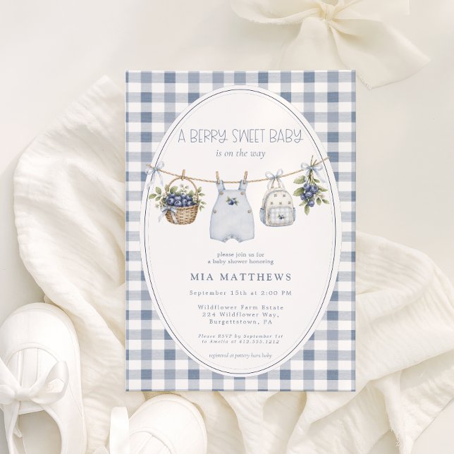 Um Convite de Chuveiro de Bebê Doce de Frutas (Berry Sweet Baby Blueberry Clothesline Baby Shower Invitation)
