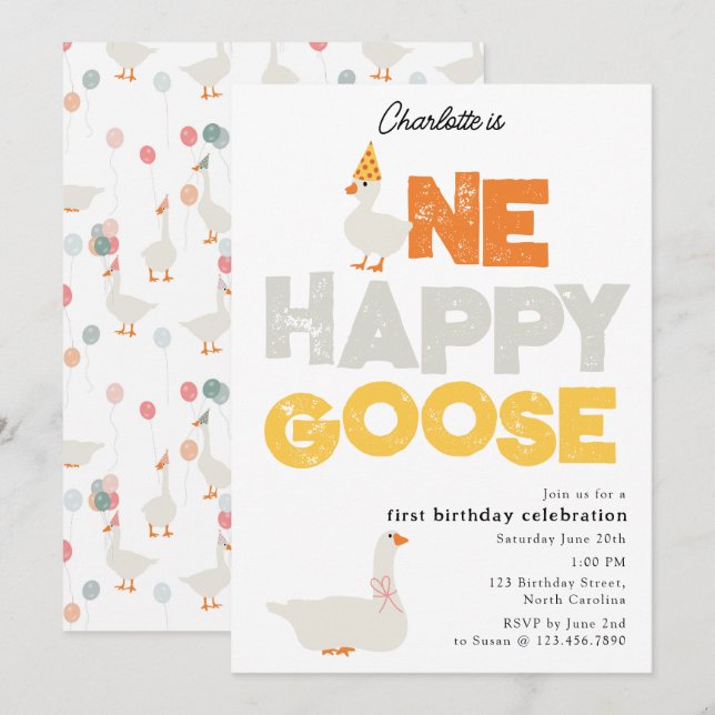 Um Convite de Ganso Feliz para 1º Aniversário Fofo (Frente/Verso)