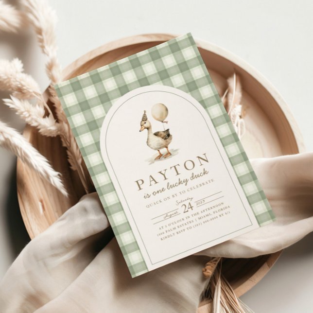 Um Convite De Pato Sortudo, Festa de aniversário D (One Lucky Duck Birthday Party Invitation - Sage Green Gingham)