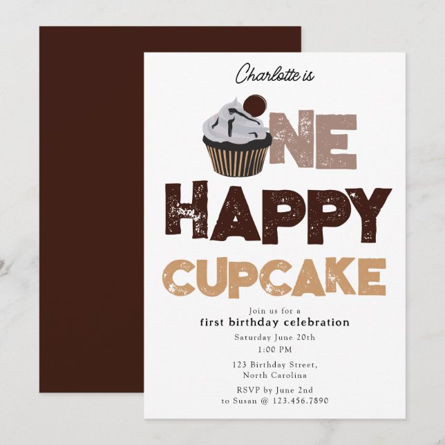 Um Convite Feliz de Cupcake para 1º Aniversário Fo (Frente/Verso)