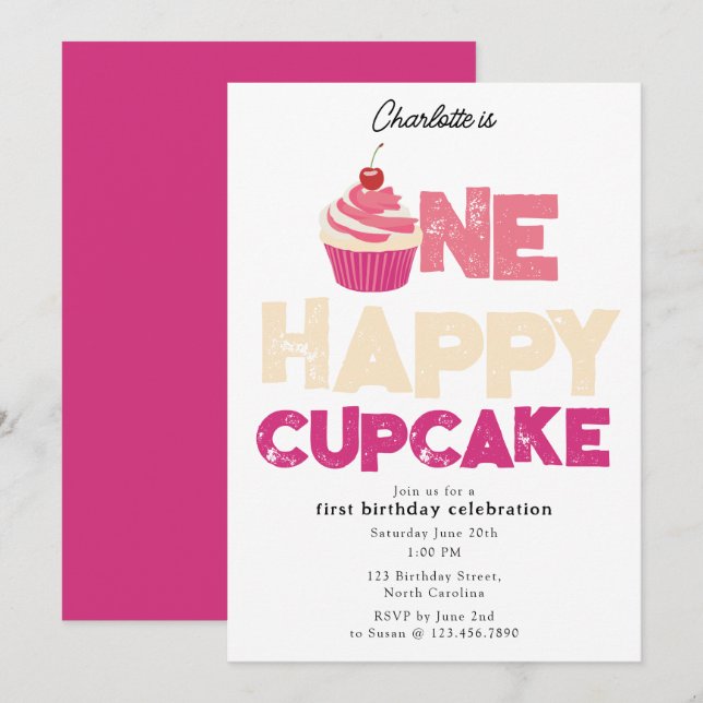 Um Convite Feliz de Cupcake para 1º Aniversário Fo (Frente/Verso)