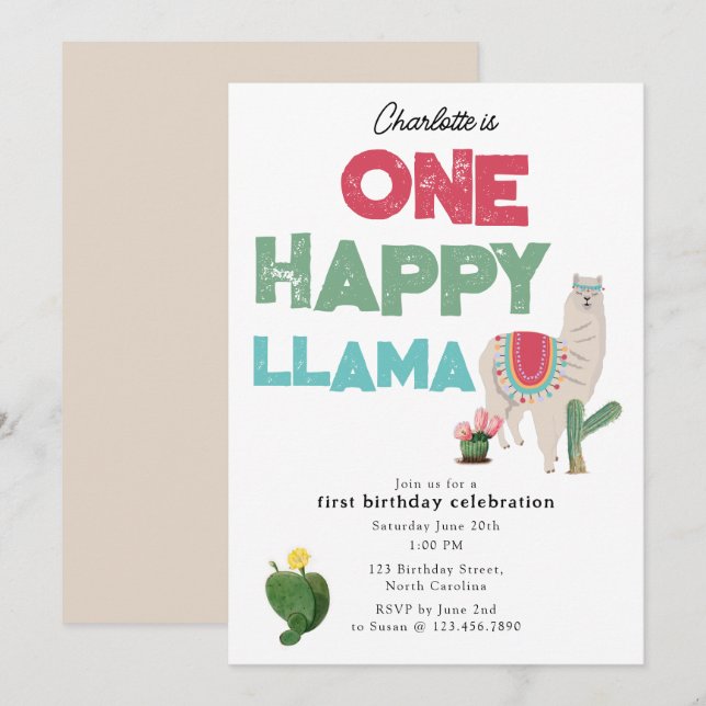 Um Convite Feliz do Llama para 1º Aniversário da M (Frente/Verso)