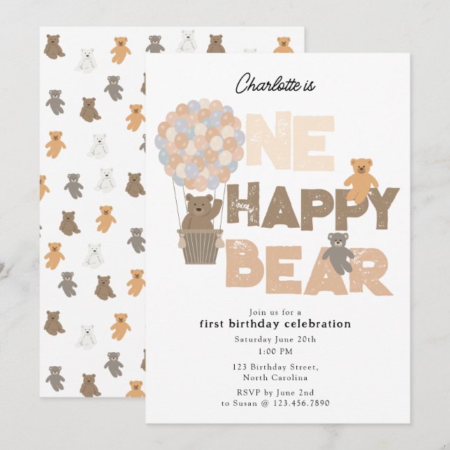 Um Convite Feliz do Urso 1º Primeiro Aniversário F (Frente/Verso)