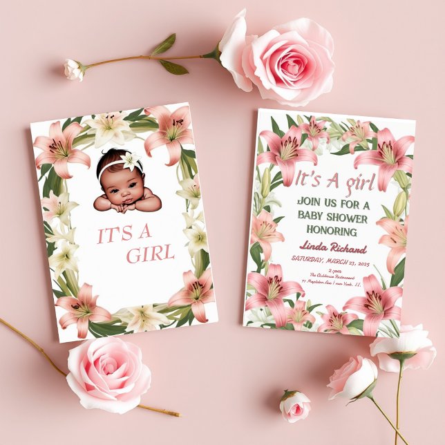 Um convite para chá de fraldas de rendas florais c (A blush pink floral lace baby shower for a baby girl )