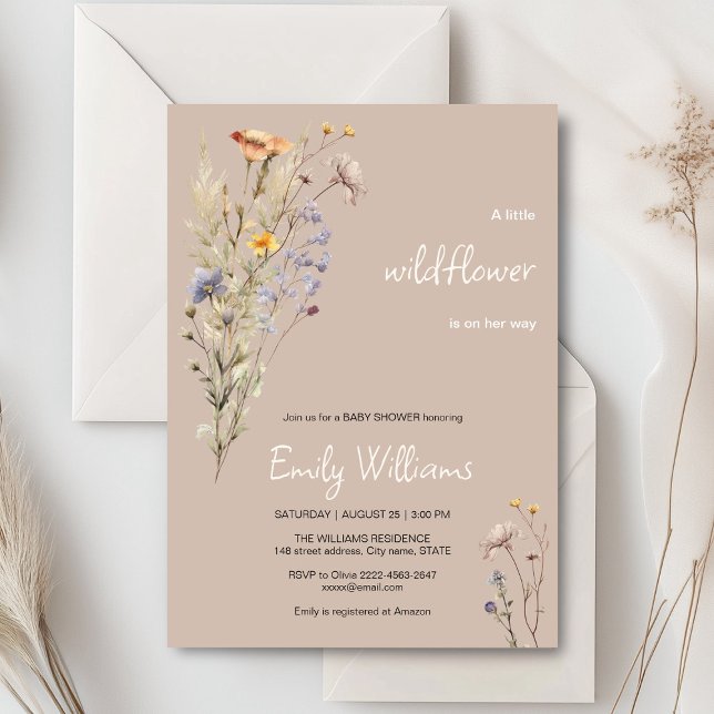 Um convite para chá de fraldas para uma menina de  (A little wildflower elegant rustic boho watercolor baby shower invitation, baby in bloom)