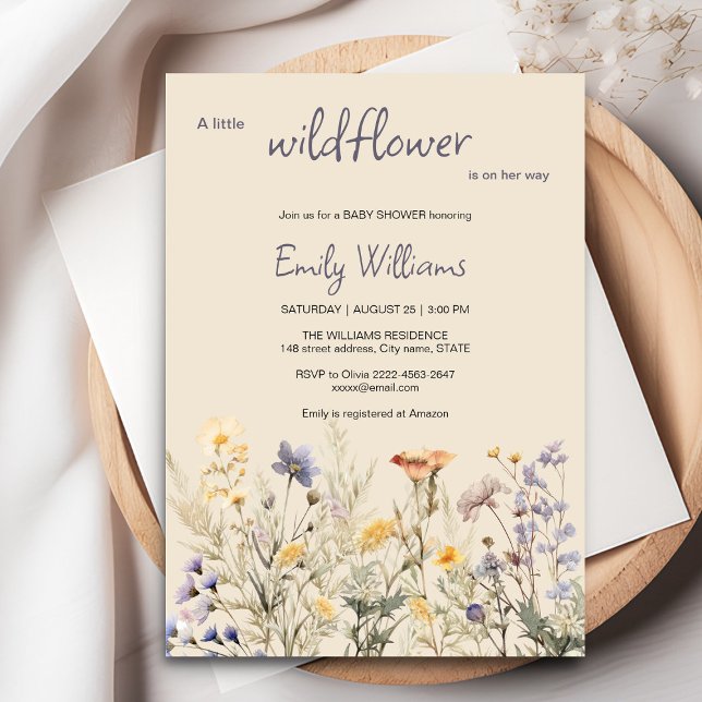 Um convite para chá de fraldas para uma menina de  (A little wildflower elegant rustic boho watercolor baby shower invitation, baby in bloom)